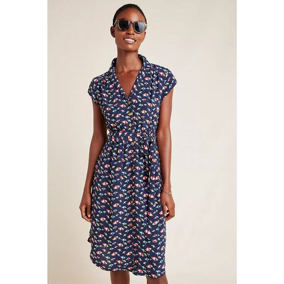 Anthropologie Maeve Navy Colorful Umbrella Pippa Zoo Shirtdress US 8 - Picture 1 of 7